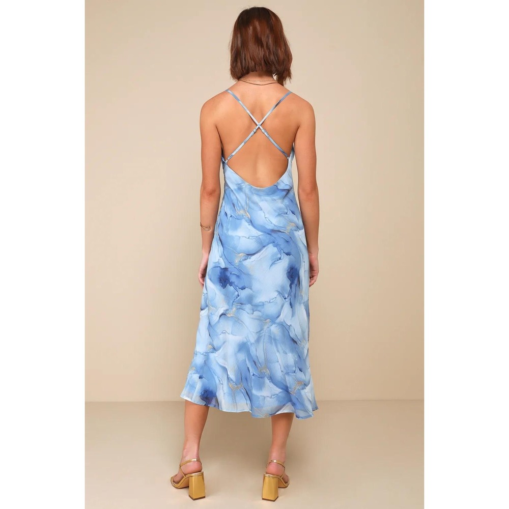 Lulus Bright Charm Blue Abstract Print Chiffon Slip Midi Dress Size Large - Picture 4 of 5